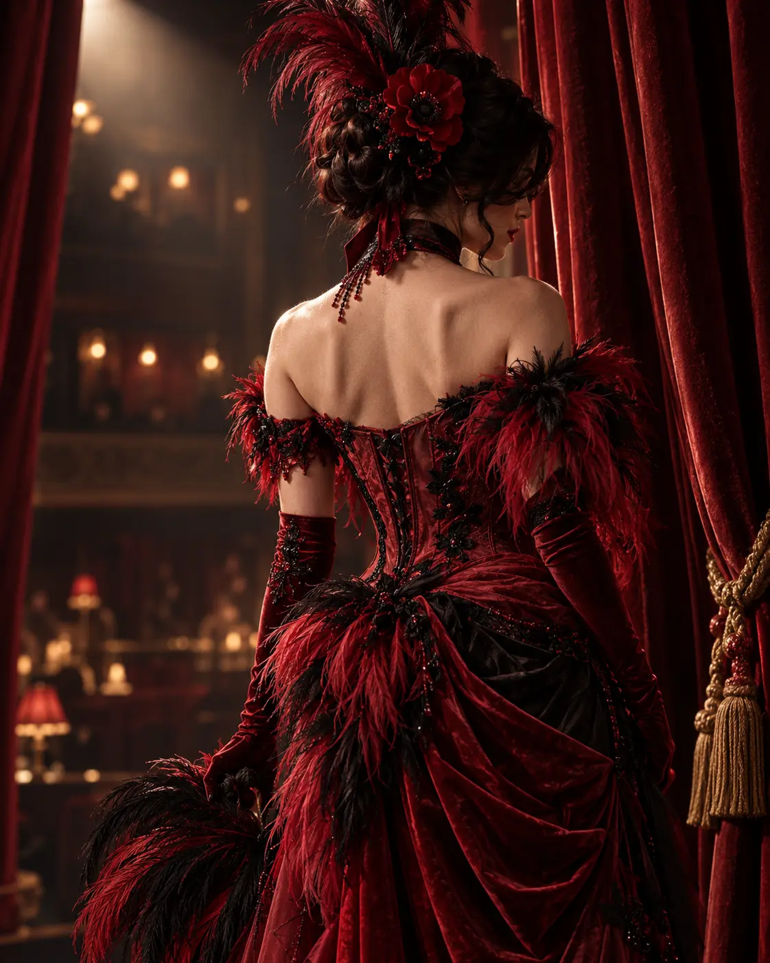 Costume burlesque rosso e nero in un teatro