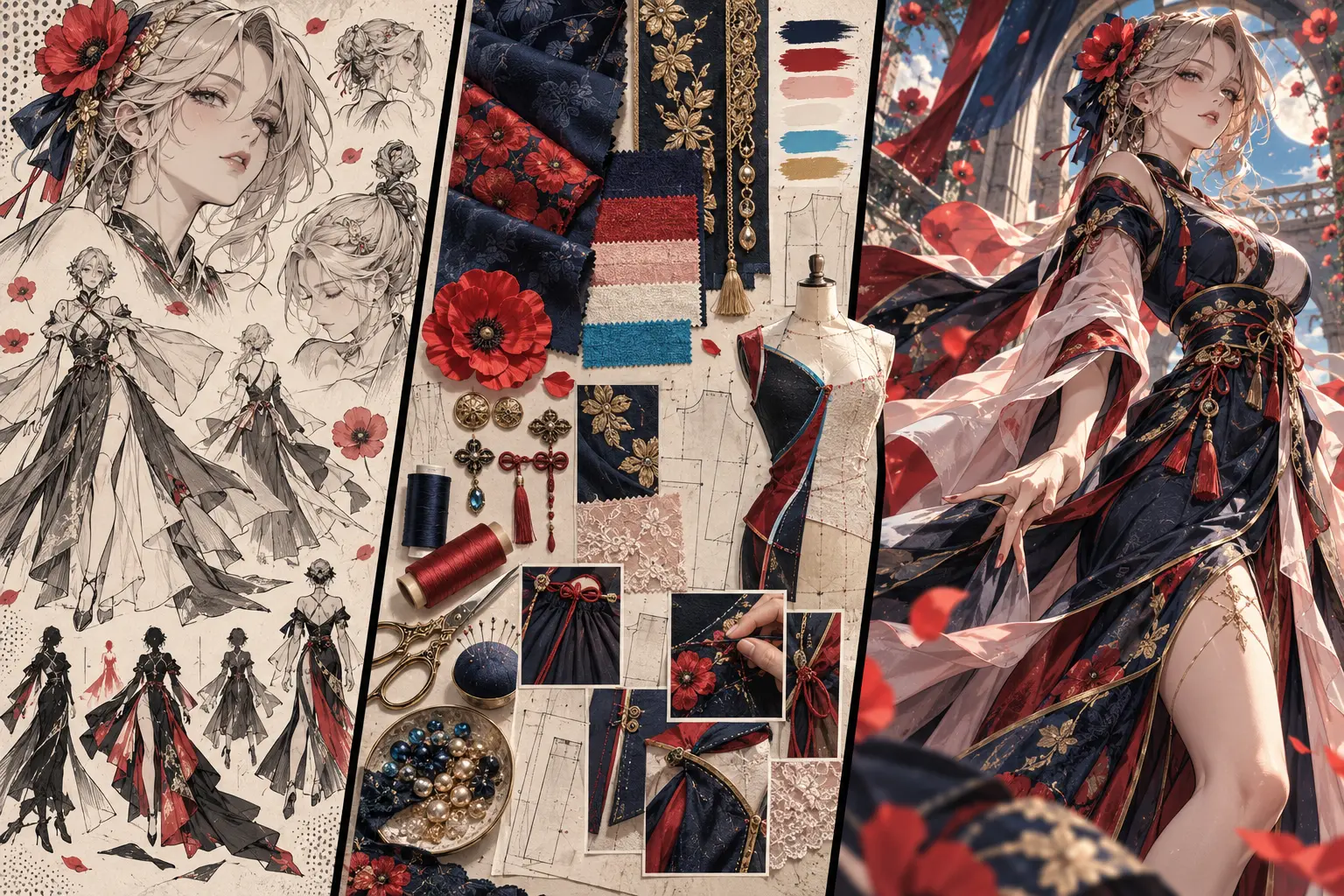 Tavola di character design: bozzetti anime, tessuti e costume finito