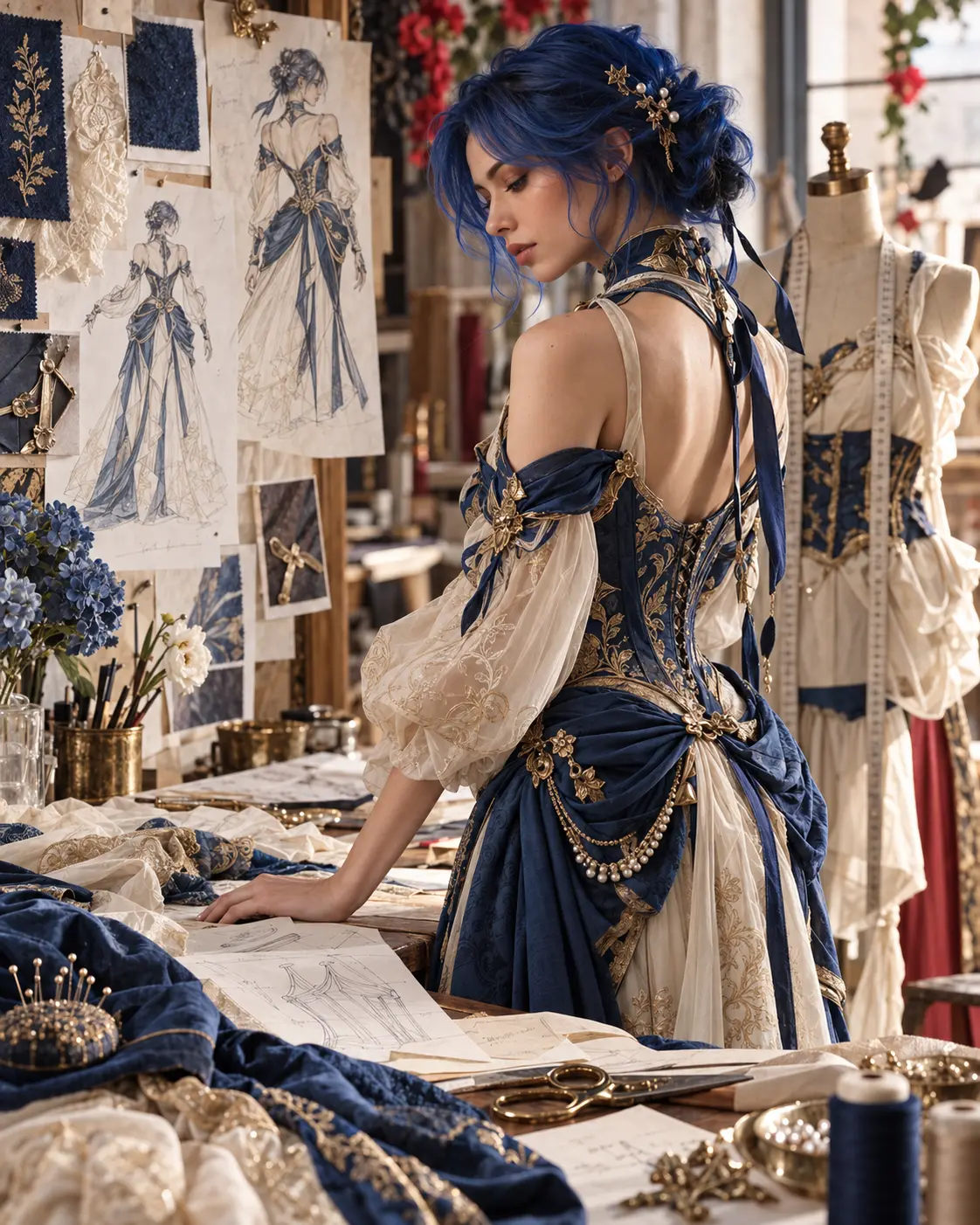Costume cosplay fantasy blu e oro accanto a bozzetti e materiali