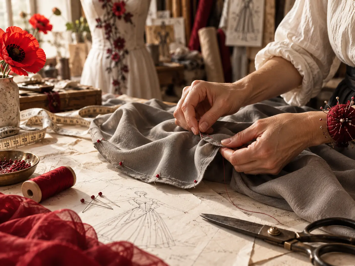 Mani che eseguono una riparazione sartoriale su tessuto grigio
